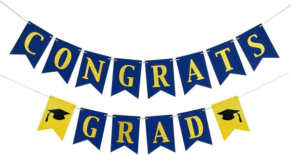 Congrats Grad Banner, Blue and Gold Glitter Congratulations Graduation Banner for College Graduation Party Decorations