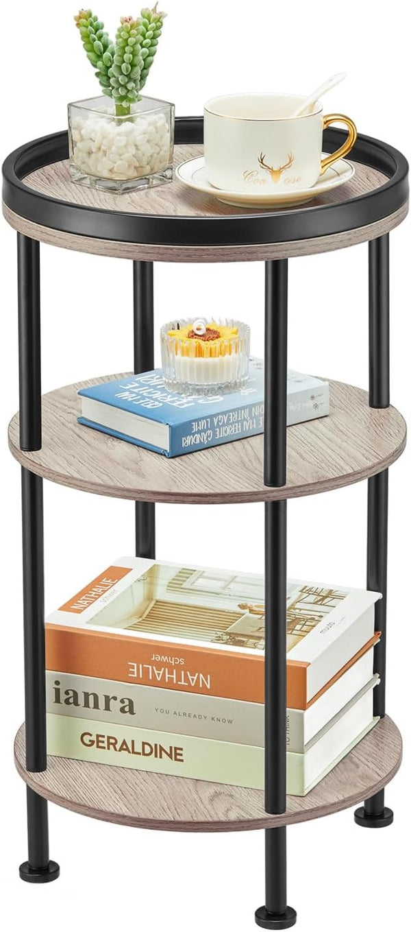Small Round Side Table for Small Spaces - 3-Tier Modern Accent Table, Slim End Table for Living Room, Bedroom (Oak)