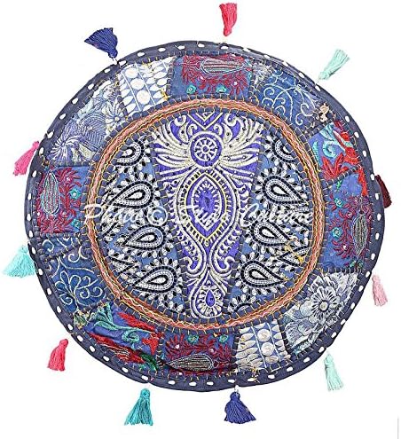 Ethnic Ottoman Cover Round Indian Patchwork Embroidered Pouffe, Blue Cotton Floral Footstool (18x18x13)