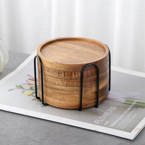 4.33in, Set 6 WLWNWFT Acacia Wood Coasters for Drinks with Lip Round Drink Coaster with Holder for Coffee Dining Table