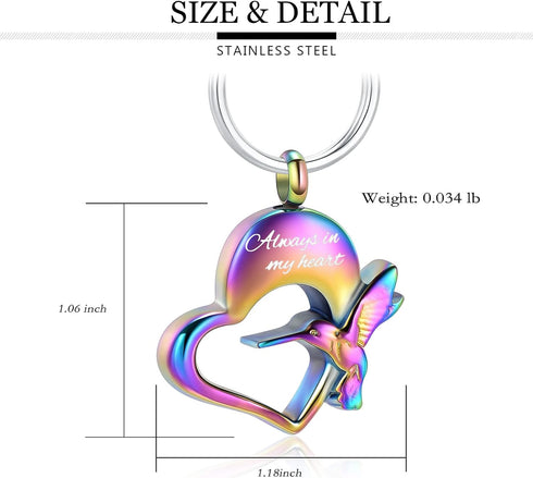 Yinplsmemory Hummingbird Cremation Keychain for Ashes Holder Always in My Heart Urn Locket Pendant Keychain Urn for Women/Men
