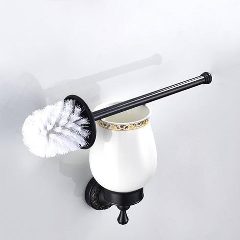 Oil Rubble Bronze Brass Bath Toilet Brush Holder Set, Wall Mounted Black Bathroom Hardware Accessories
