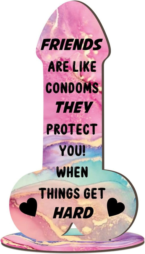 5.8in 2.8in) Friends Are Like Condoms (Multi-Coloured Marble Effect, Mdf Wood Small x - Birthday Gift for Female