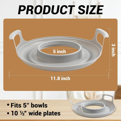 Microwave cool plate and spillover caddy with handles. For bowls, plates and microwave meals. BPA free