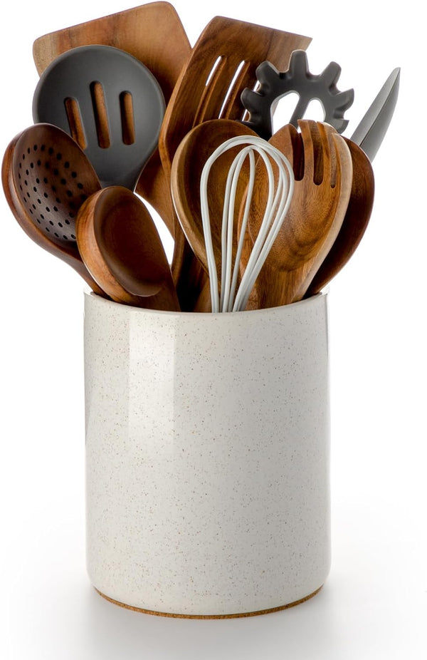 Nucookery 6.4" Ceramic Utensil Holder for Kitchen Countertop with Cork Bottom, Vintage Farmhouse Kitchen Decor (Sand)