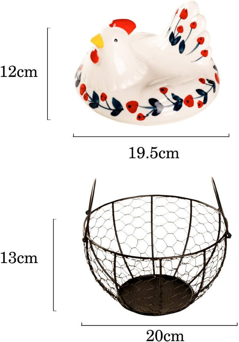 Chicken Design Ceramic Egg Storage Basket, Iron Basket Holds 20-25 Eggs, Organizer Case, Container Egg Basket Holder