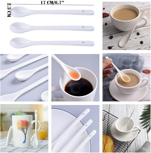 AKOAK 6.7" Ceramic Egg Spoon Set of 5 - White Long-Handled Teaspoon for Coffee, Tea, Yogurt, Ice Cream