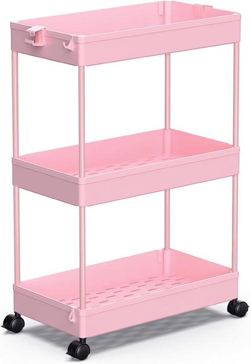 SPACEKEEPER Rolling Storage Cart, 3 Tier Bathroom Organizer, Mobile Shelving Unit for Office, Kitchen, Bathroom, Pink