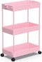 SPACEKEEPER Rolling Storage Cart, 3 Tier Bathroom Organizer, Mobile Shelving Unit for Office, Kitchen, Bathroom, Pink