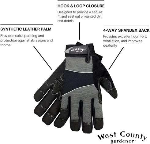 West County 013C/L Men's Gloves –Large, Charcoal, Work Gloves with Four-Way Spandex Backing, Adjustable Cuff