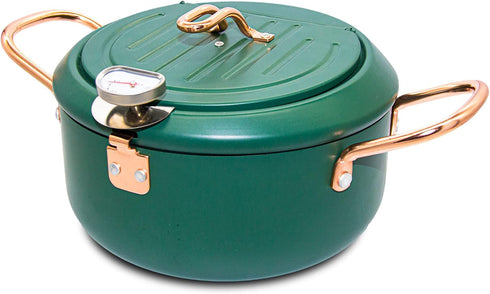 Japanese Tempura Deep Fryer Pot - Nonstick Carbon Steel Oil Fryer with Thermometer, 3.5L, Green Big Tempura Pan