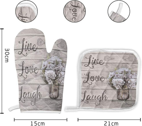 Set of Oven Mitt and Pot Holder - Heat Resistant Non-Slip Oven Gloves for Kitchen BBQ Cooking with Vintage Hydrangea