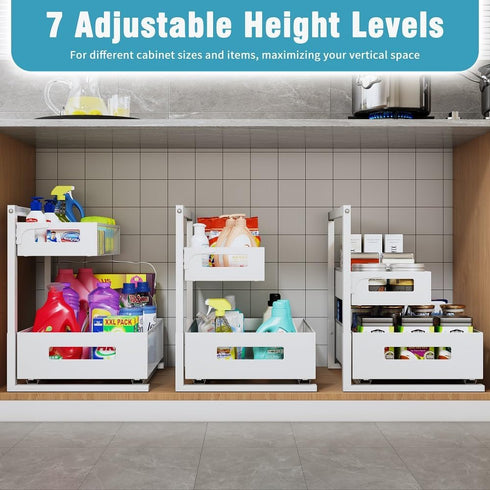 Adjustable Height Under Sink Organizer, 2 Tier Bathroom Storage, Pull Out Cabinet Organizer, White, XL - 1 Pack