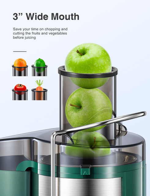 QCen Juicer Machine - 500W Centrifugal Juicer Extractor with 3” Wide Mouth Feed Chute for Easy Cleaning, Stainless