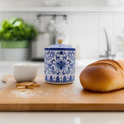 wsmart Countertop, Small Vintage Blue and White Porcelain Salt Cellar with Lid Ceramic Salt Holder Container