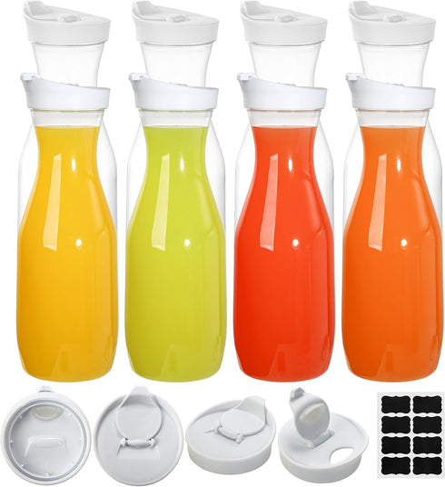 8 Pack 34 Oz 1 Lawei Plastic Water Carafe, Liter Clear Beverage Carafe with Flip Top Lid, Narrow Neck Drink Container