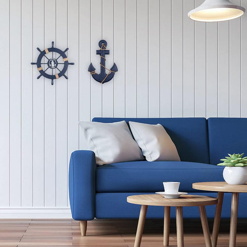 MDLUU Wooden Nautical Ship Steering Wheel, 11" Navy Blue Helm Wheel, Small Ship Rudder and Anchor Wall Decor Set