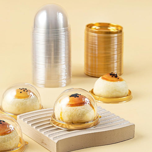 Zezzxu 50 Pack Mini Cake Containers, Clear Plastic Cupcake Boxes with Dome Lids for Individual Cookies, Mooncake, Gold
