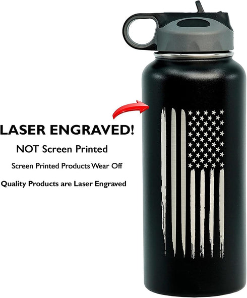 32oz American Flag Stainless Steel Insulated Water Bottle - Engraved USA Flag Gift Set | Flag 32 oz Water Bottle