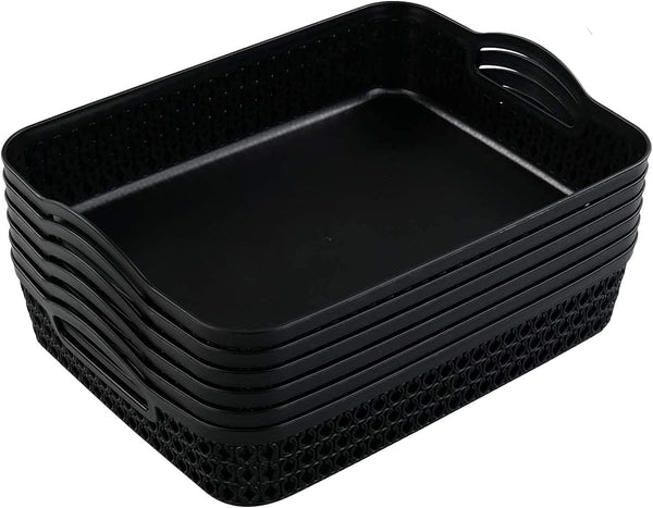 Large Plastic Storage Basket Tray with Handle, Black, Pack of 6
