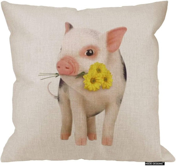 HGOD DESIGNS Cotton Linen Square Decorative Throw Pillow Case - Cute Pink Pet Miniature Pig with Yellow Daisy, 18" x 18"