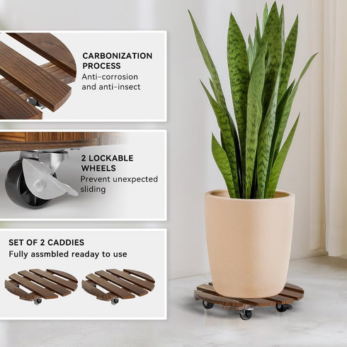 Lissomballon 2 Pack 12IN 360 Plant Stand Indoor and Outdoor, Premium Wooden Plant Caddy with Wheels, Heavy Duty Plant