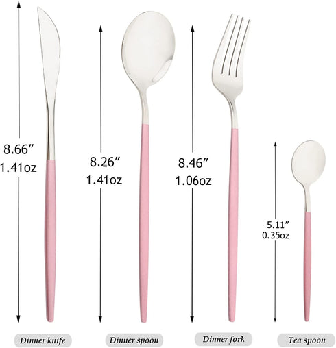 Mirror Cutlery Serving Set, 24-Piece Stainless Steel Silverware with Pink Handle, Modern Tableware for Home Party