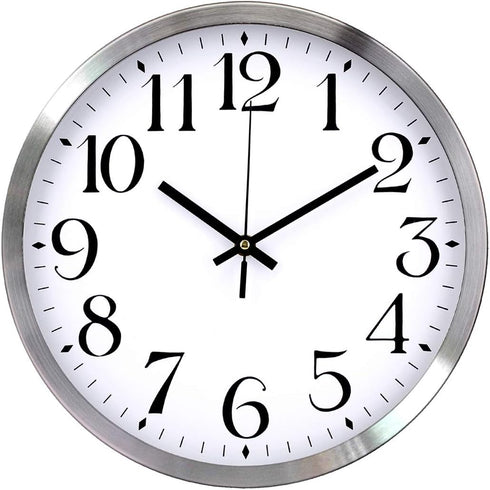 TopOne Silent Wall Clock, Battery Operated 12 inch Silver Aluminum Quartz Decor for Kitchen, Home, School