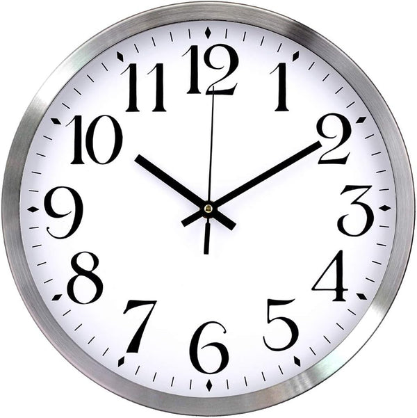 TopOne Silent Wall Clock, Battery Operated 12 inch Silver Aluminum Quartz Decor for Kitchen, Home, School