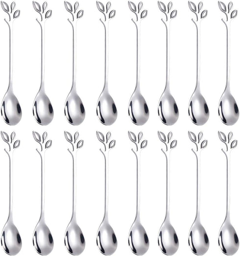 AnSaw 16-Pieces 4.7-Inch Small Coffee Spoons with Leaf Handle, Silver