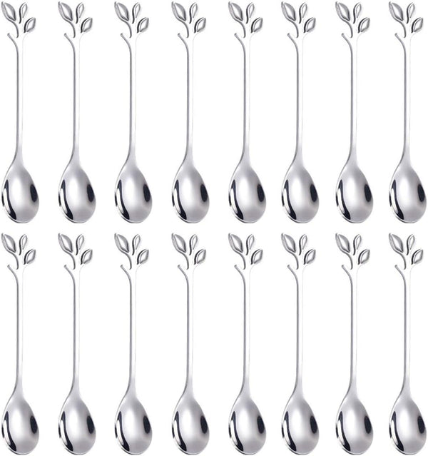 AnSaw 16-Pieces 4.7-Inch Small Coffee Spoons with Leaf Handle, Silver