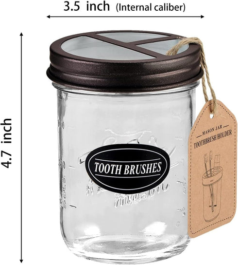 Mason Jar Toothbrush Holder with 16 Ounce Jar, Premium Rustproof 304 Stainless Steel Lid, Chalkboard Labels - Bronze