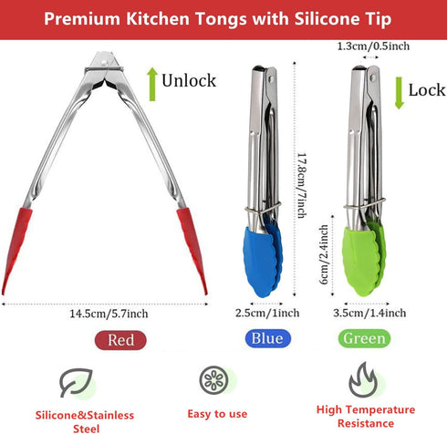 Mini Kitchen Tongs with Silicone Tips,Silicone Serving Tongs of 3 set,7 inch Non-stick Small Tongs with Stainless Steel Silicon Handles, Heat Resistant Tongs for Cooking, Serving (Multi-Color) by JXJYZLN