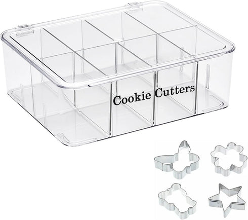 Cookie Cutters Organizer for Baking, Biscuit Cutters Storage Box with 8 Adjustable Compartments and Dustproof Lid
