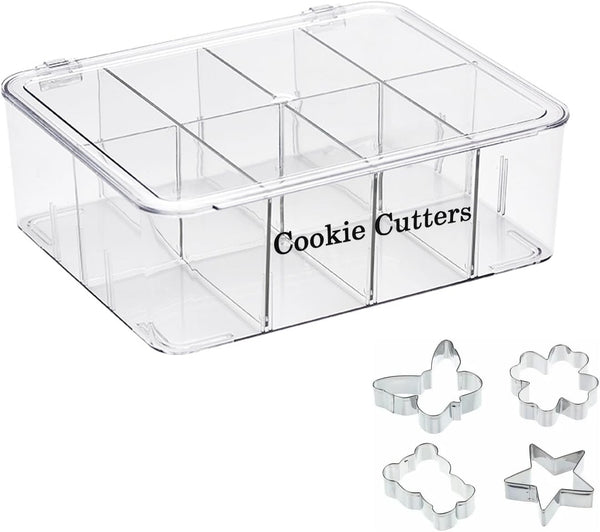 Cookie Cutters Organizer for Baking, Biscuit Cutters Storage Box with 8 Adjustable Compartments and Dustproof Lid