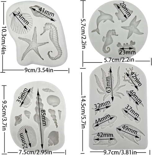 4PCS Marine Theme Fondant Silicone Mold, Seaweed, Fish, Crab, Coral, Conch, Sea Shells Shape DIY Baking Tools