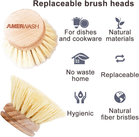 3 Packs, AMERWASH PLUS Classic Dish Brush Replacement Head Natural Bristle Tampico Fiber for All Purpose Cleaning