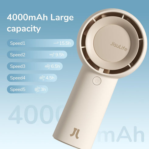 JISULIFE Handheld Portable Turbo Fan, 4000mAh USB Rechargeable Mini Fan with 16H Max Cooling Time, Brown