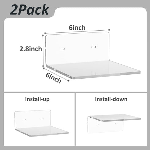 6 Inches 2 Pack, Plants(6 inch, Sezanrpt Acrylic Small Wall Shelves Floating Shelf for Wall Mounting, Acrylic Display
