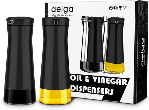 Set 2 Pack Aelga Black Oil And Vinegar Dispenser - Oil Dispenser Bottle for Kitchen with No-Drip - Black Kitchen Decor