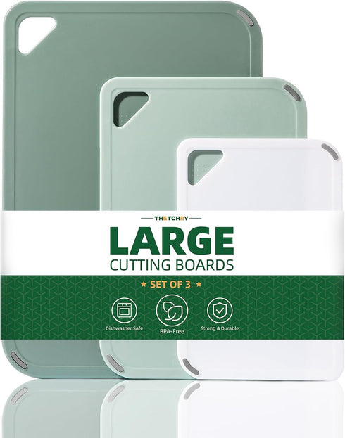Plastic Cutting Board Set of 3, BPA Free, Large-Small Non-Slip Chopping Boards, Dishwasher Safe, Green