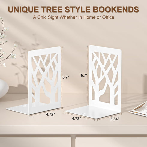 4-Piece, VFINE Withe Bookend Tree Design Bookends for Shelves, Metal Book Ends for Desk, Decoration Stylish Bookshelf