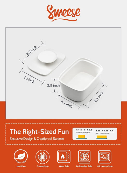 6.2" Sweese Extra Large Butter Dish with Lid, Porcelain Butter Keeper Container - Perfect for East/West Coast Butter