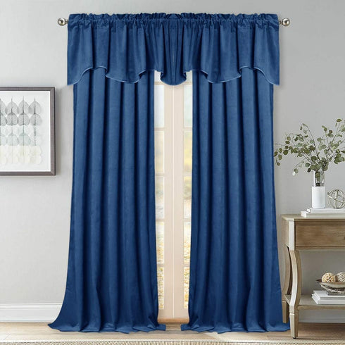Luxury Velvet Valance Curtains, Light Blocking Small Window Scalloped Valance, 52 x 18-inch, Blue