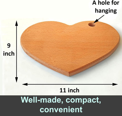 Heart Shaped Cutting Board, 11” x 9” Solid Wood Decorative Serving Board for Cheese, Bread, Snacks