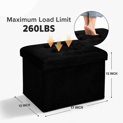 17x13x13in(Black) LINMAGCO Storage Ottoman Folding Foot Stool Velvet Foot Rest with Padded Modern Ottoman with Storage