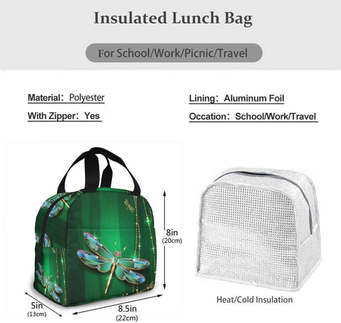 Dragonfly Green Insulated Lunch Box - Reusable Cooler Tote Bag for Women & Men Work Picnic or Travel