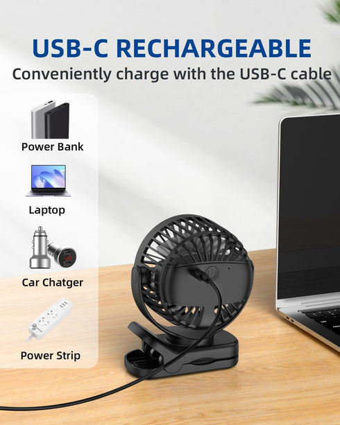 Portable Mini Clip on Fan, 3 Speed Rechargeable USB Desk Fan, Battery Operated Personal Fan, 360° Rotate Adjustable for