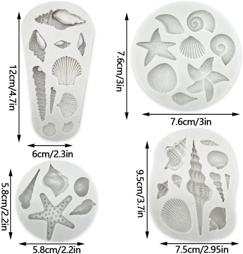 4 PCS Marine Theme Cake Fondant Silicone Mold, Seashell Conch Starfish Baking Molds for Cake Decoration
