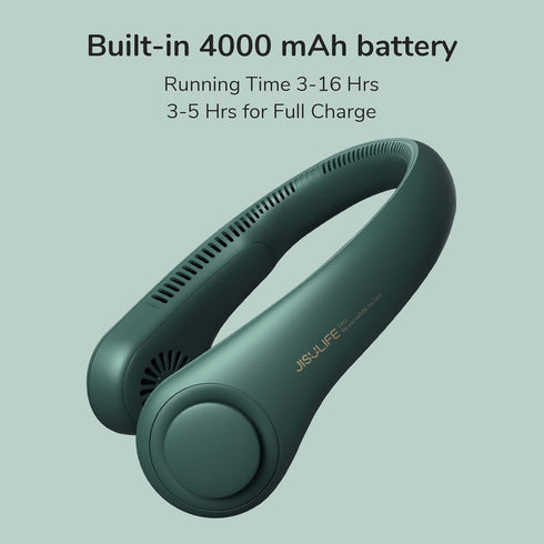 JISULIFE Portable Neck Fan, Hands-Free Bladeless Fan, 5 Speeds, 4000 mAh Battery, Dark Green